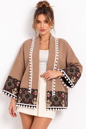 Camel Etnik Desenli Ponpon Detaylı Kaşe Ceket