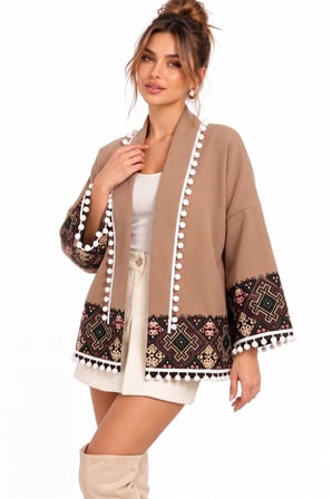 Camel Etnik Desenli Ponpon Detaylı Kaşe Ceket