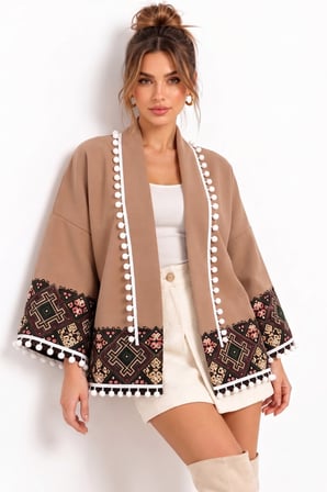 Camel Etnik Desenli Ponpon Detaylı Kaşe Ceket
