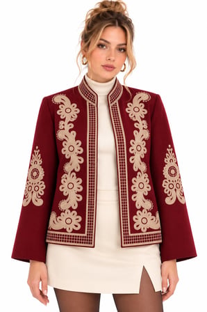 Bordo Desenli Önü Açık Astarlı Kısa Kaşe Ceket