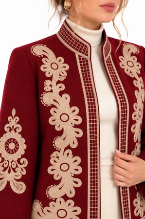 Bordo Desenli Önü Açık Astarlı Kısa Kaşe Ceket
