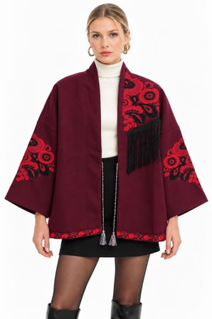 Bordo Etnik Çiçek Nakışlı Püsküllü Kimono Ceket