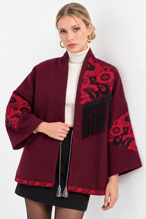 Bordo Etnik Çiçek Nakışlı Püsküllü Kimono Ceket