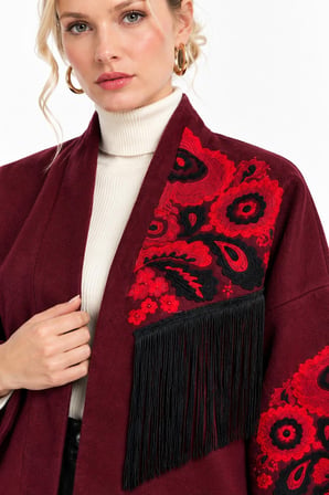 Bordo Etnik Çiçek Nakışlı Püsküllü Kimono Ceket