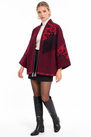 Bordo Etnik Çiçek Nakışlı Püsküllü Kimono Ceket