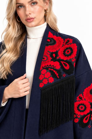 Lacivert Etnik Çiçek Nakışlı Püsküllü Kimono Ceket