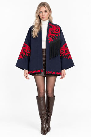 Lacivert Etnik Çiçek Nakışlı Püsküllü Kimono Ceket