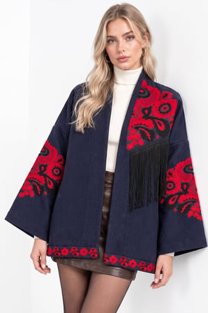 Lacivert Etnik Çiçek Nakışlı Püsküllü Kimono Ceket