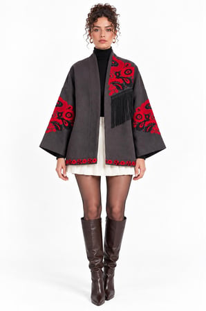Füme Etnik Çiçek Nakışlı Püsküllü Kimono Ceket