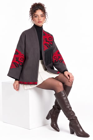 Füme Etnik Çiçek Nakışlı Püsküllü Kimono Ceket