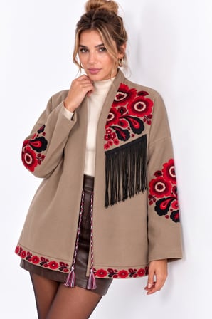 Camel Etnik Çiçek Nakışlı Püsküllü Kimono Ceket