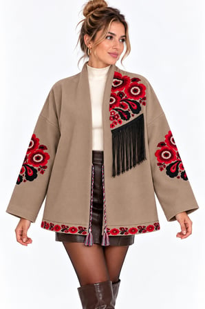 Camel Etnik Çiçek Nakışlı Püsküllü Kimono Ceket