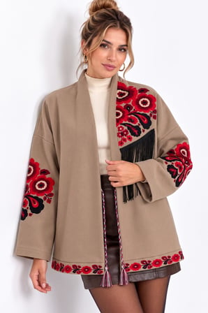 Camel Etnik Çiçek Nakışlı Püsküllü Kimono Ceket