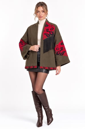 Haki Etnik Çiçek Nakışlı Püsküllü Kimono Ceket