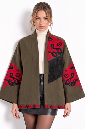 Haki Etnik Çiçek Nakışlı Püsküllü Kimono Ceket