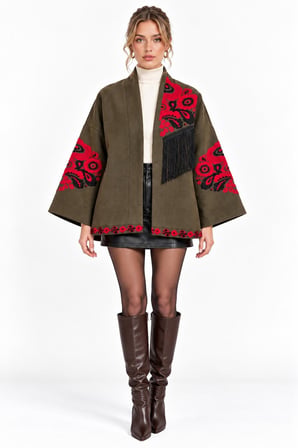 Haki Etnik Çiçek Nakışlı Püsküllü Kimono Ceket