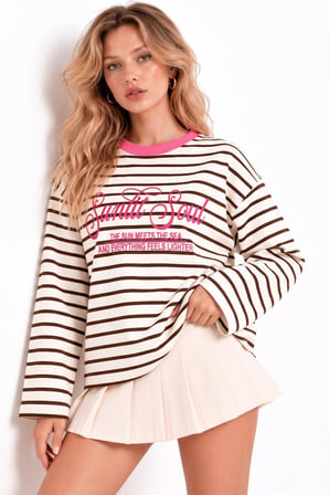 Pembe Oysho Çizgili ve Slogan Baskılı Oversize Sweatshirt