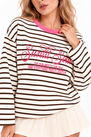 Pembe Oysho Çizgili ve Slogan Baskılı Oversize Sweatshirt