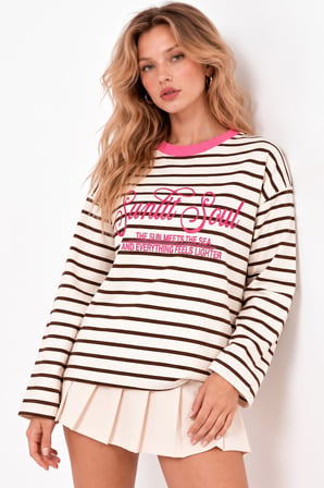 Pembe Oysho Çizgili ve Slogan Baskılı Oversize Sweatshirt