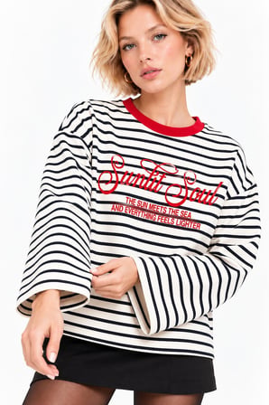 Kırmızı Oysho Çizgili ve Slogan Baskılı Oversize Sweatshirt