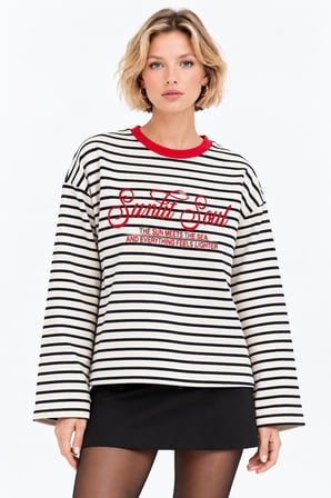 Kırmızı Oysho Çizgili ve Slogan Baskılı Oversize Sweatshirt
