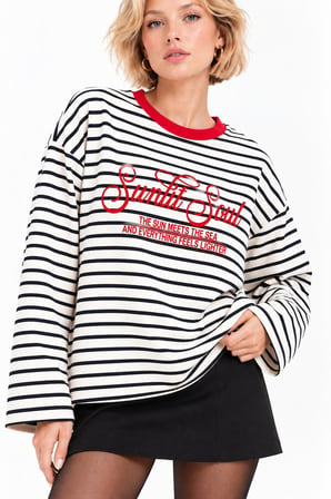 Kırmızı Oysho Çizgili ve Slogan Baskılı Oversize Sweatshirt