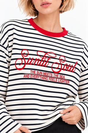 Kırmızı Oysho Çizgili ve Slogan Baskılı Oversize Sweatshirt