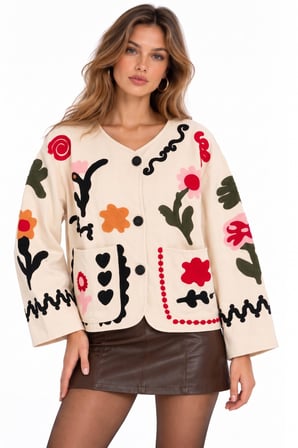 Bej Etnik Motif İşlemeli ve Cepli Astarsız Gabardin Ceket