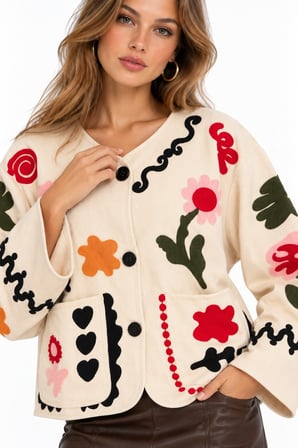 Bej Etnik Motif İşlemeli ve Cepli Astarsız Gabardin Ceket