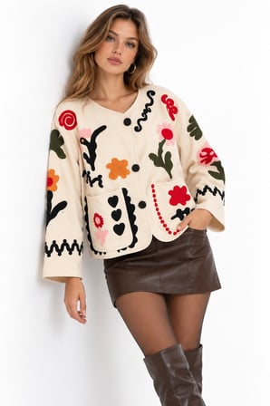 Bej Etnik Motif İşlemeli ve Cepli Astarsız Gabardin Ceket