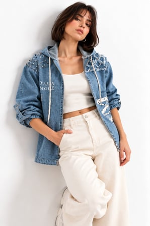 Açık Mavi İnci Detaylı Kapüşonlu Desenli Denim Ceket