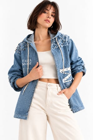 Açık Mavi İnci Detaylı Kapüşonlu Desenli Denim Ceket