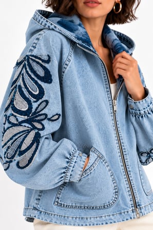 Açık Mavi Kol ve Sırt İşlemeli Kapüşonlu Denim  Ceket
