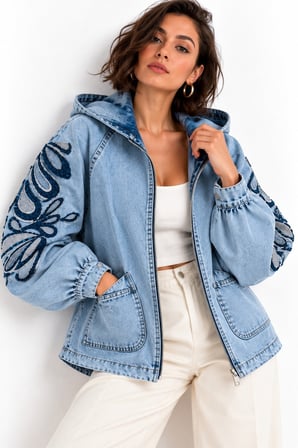 Açık Mavi Kol ve Sırt İşlemeli Kapüşonlu Denim  Ceket