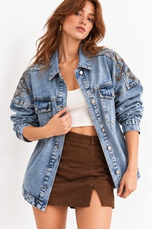 Açık Mavi Etnik İşlemeli Oversize Denim Ceket