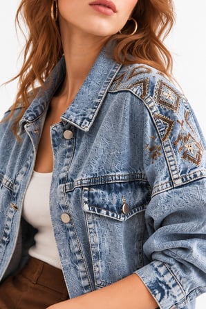 Açık Mavi Etnik İşlemeli Oversize Denim Ceket