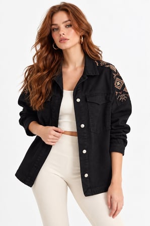 Siyah Etnik İşlemeli Oversize Denim Ceket