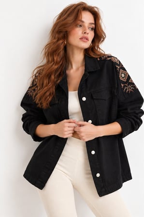 Siyah Etnik İşlemeli Oversize Denim Ceket