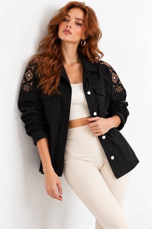 Siyah Etnik İşlemeli Oversize Denim Ceket