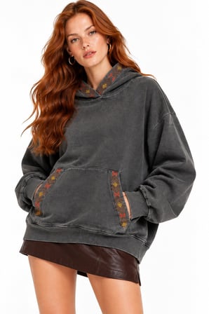 Antrasit Etnik Desen Şeritli 3 İplik Şardonsuz Kapüşonlu Sweatshirt