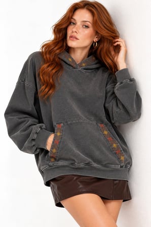 Antrasit Etnik Desen Şeritli 3 İplik Şardonsuz Kapüşonlu Sweatshirt