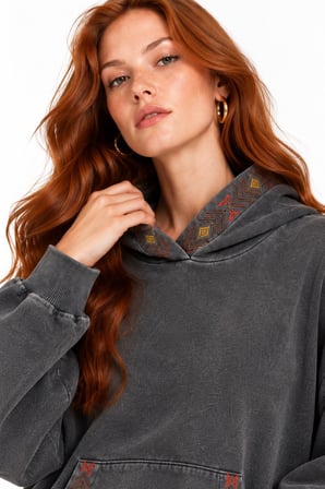 Antrasit Etnik Desen Şeritli 3 İplik Şardonsuz Kapüşonlu Sweatshirt