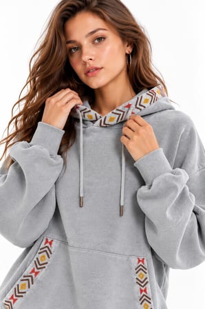 Gri Etnik Desen Şeritli 3 İplik Şardonsuz Kapüşonlu Sweatshirt