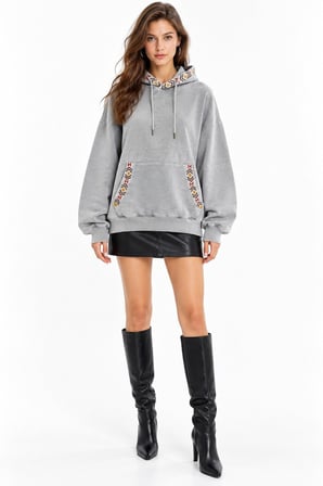 Gri Etnik Desen Şeritli 3 İplik Şardonsuz Kapüşonlu Sweatshirt