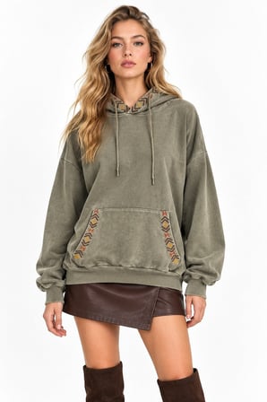 Haki Etnik Desen Şeritli 3 İplik Şardonsuz Kapüşonlu Sweatshirt