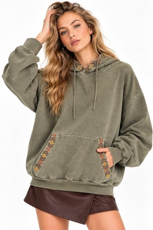 Haki Etnik Desen Şeritli 3 İplik Şardonsuz Kapüşonlu Sweatshirt