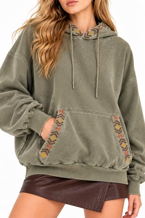 Haki Etnik Desen Şeritli 3 İplik Şardonsuz Kapüşonlu Sweatshirt