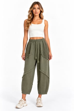 Haki Bohem Stil Püsküllü Keten Pantolon