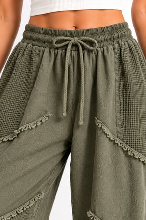 Haki Bohem Stil Püsküllü Keten Pantolon