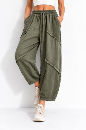 Haki Bohem Stil Püsküllü Keten Pantolon